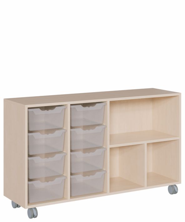 K Regal 139 x 82,5 cm, fahrbar, 8 ErgoTray Boxen L/Regal